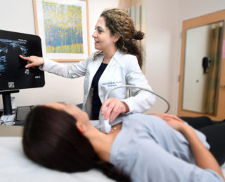 Dr. Melanie Goldfarb performs ultrasound imaging for thyroid nodules