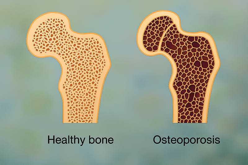 Healthy bone compared to osteoporosis.